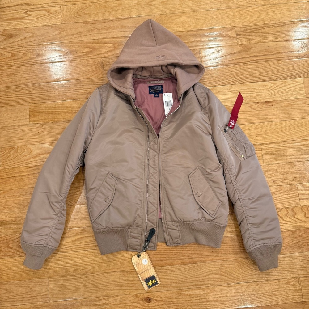 NEW w/ Tag - ALPHA INDUSTRIES hooded bomber jacket, mauve pink, size SMALL.